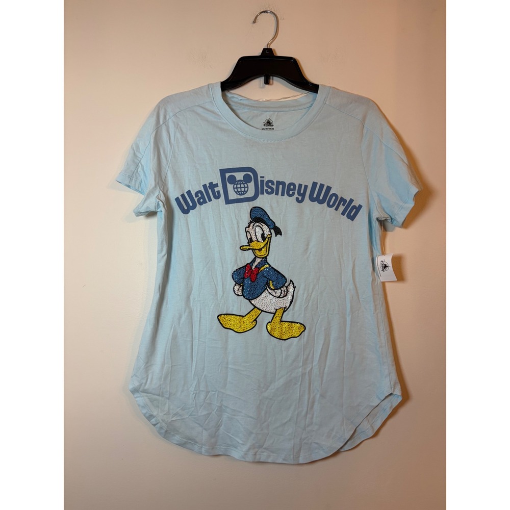 Disney Donald Duck T-Shirt Womens Medium NWT Blue Sequin Walt Disney World Tee